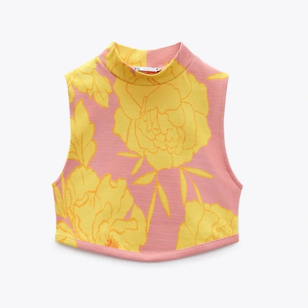 Zara NWT Floral Jacquard Mock Neck Crop Top in Peach Pink/Yellow Size Small - Picture 4 of 13